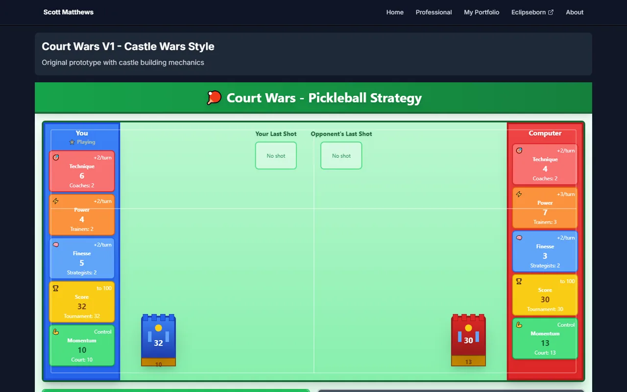 Court Wars v1 — the Castle Wars-style prototype mid-game